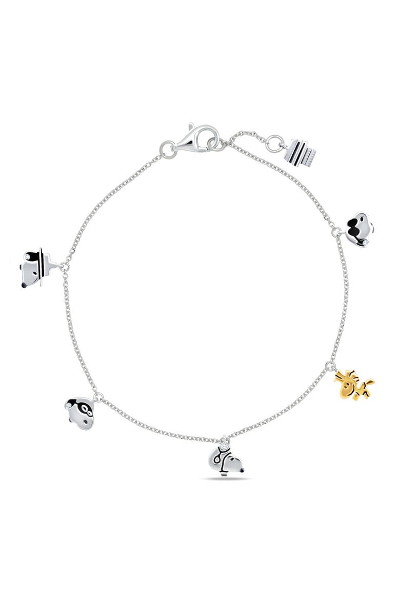 x Peanuts® Snoopy & Woodstock Charm Bracelet, Main, color, PURE PLATINUM / CLEAR STONE