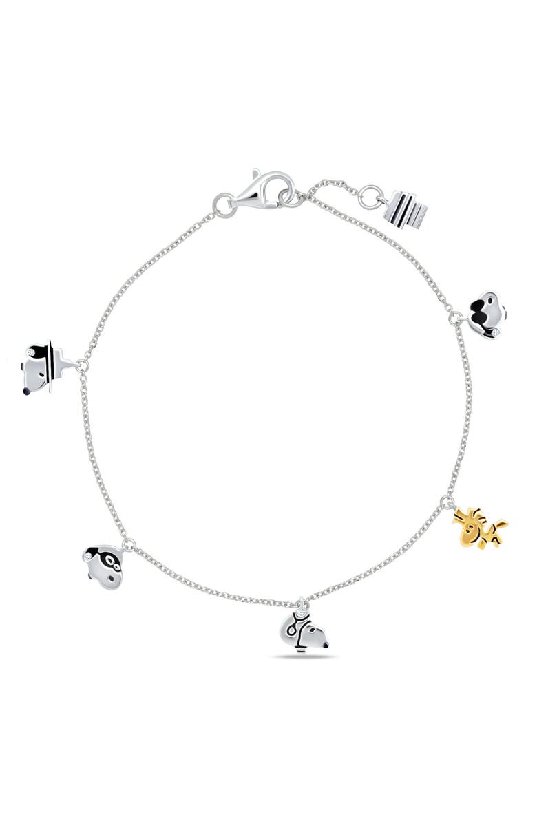 Crislu x Peanuts<sup>®</sup> Snoopy & Woodstock Charm Bracelet, Main, color, Pure Platinum / Clear Stone