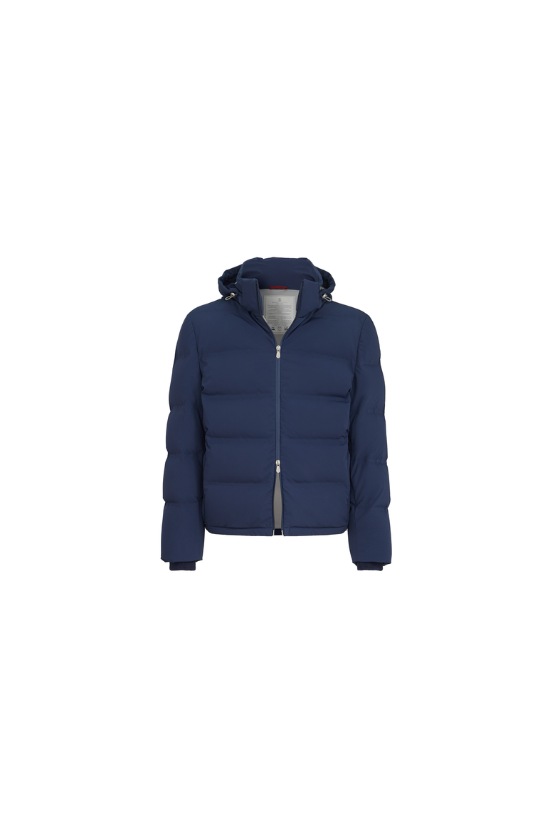 Stretch bonded nylon down jacket with heat-bonded seams and detachable hood, Alternate, color, Blue