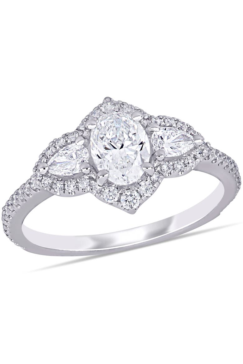 Diamond 3-Stone Halo Engagement Ring 14k, Main, color, 14k White Gold