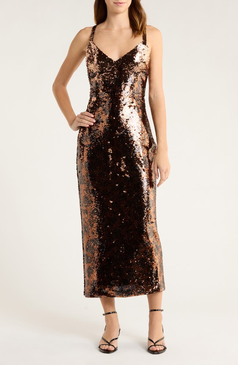 L'AGENCE Noella Leopard Sequin Midi Sheath Dress, Main, color, Brown Multi Amur Leopard