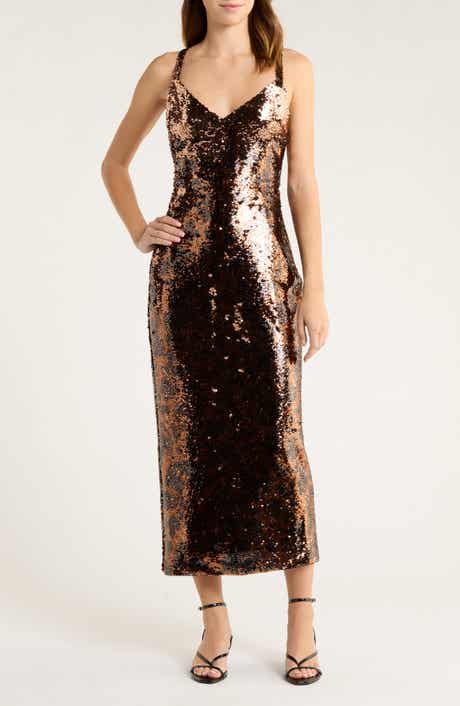 L'AGENCE Noella Leopard Sequin Midi Sheath Dress