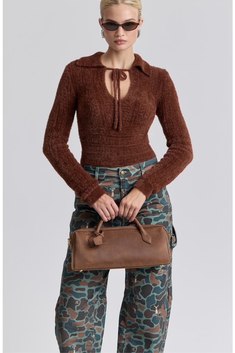 Mixed Pointelle Sweater with Fuzzy Collar, Alternate, color, RUSSET