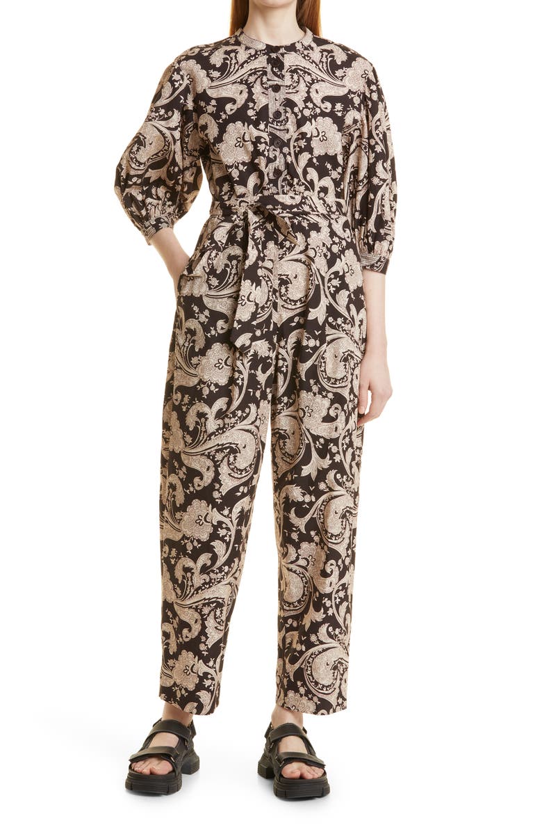 Rebecca Taylor Paisley Cotton Jumpsuit, Main, color, Scroll Paisley Espresso