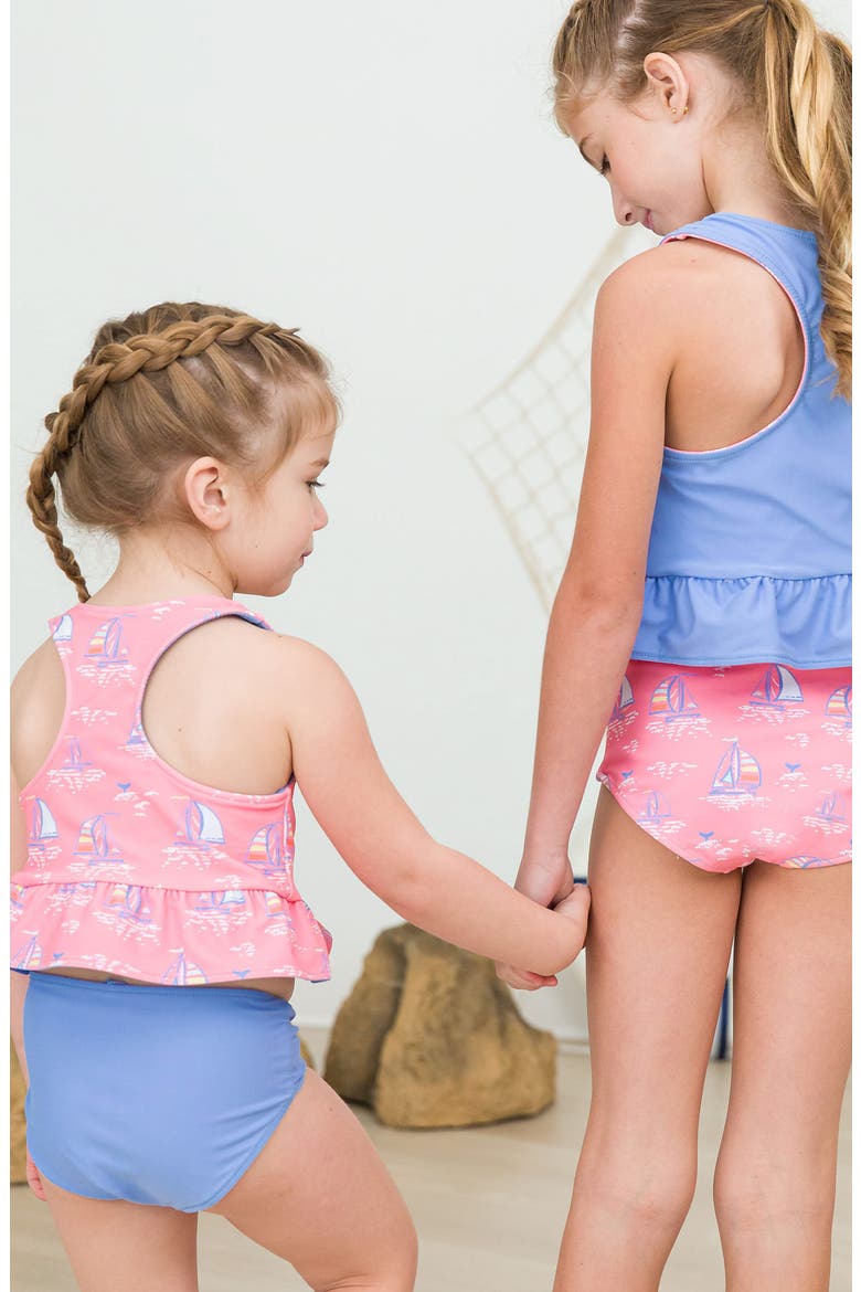 Pink Seas the Day Reversible Two-Piece Swimsuit with Sun Hat, Alternate, color, BLUE
