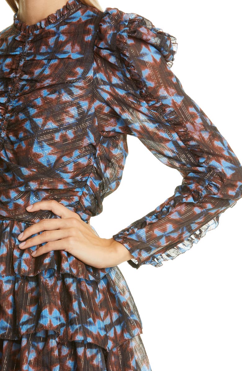 Ulla Johnson Siya Metallic Long Puff Sleeve Silk Dress, Alternate, color, 