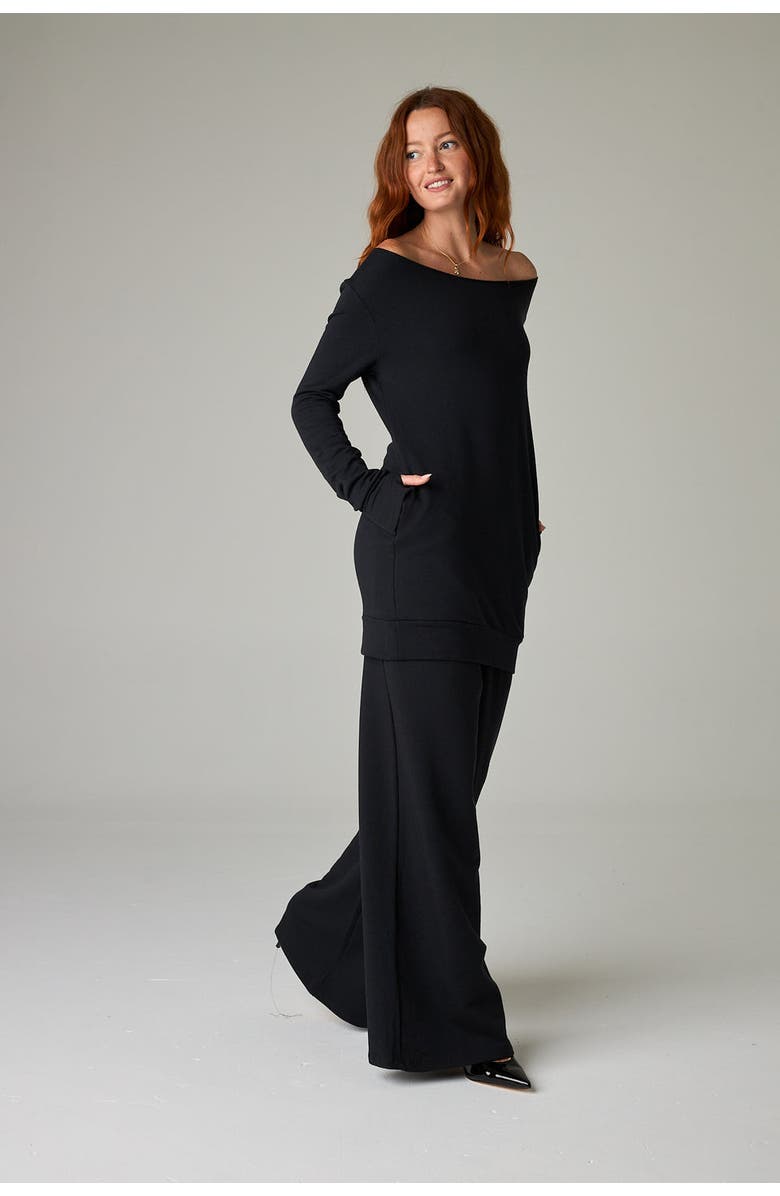 eavolu Masai Mara Eco-Luxe Fleece Open-Neck Tunic/Dress - Cloud-Soft Comfort, Alternate, color, Coal Black