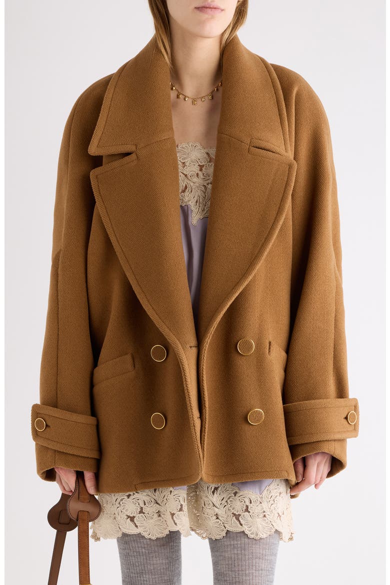 Double Breasted Virgin Wool Herringbone Coat, Main, color, DUSTY CAMEL