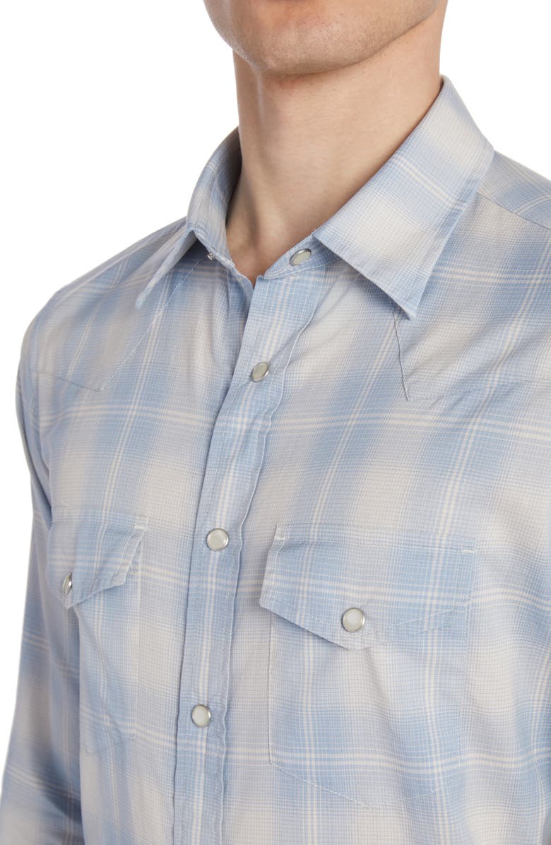 TOM FORD Dégradé Plaid Brushed Cotton Snap-Up Western Shirt, Alternate, color, Combo Light Blue White