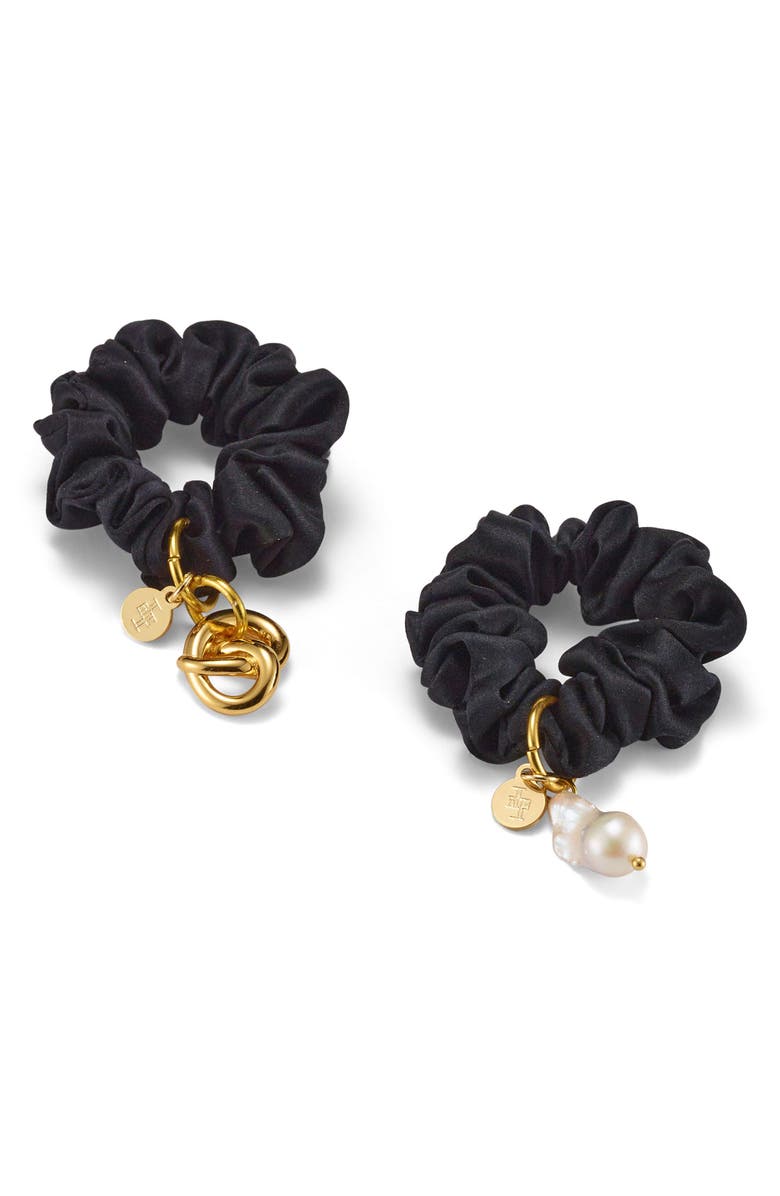 LELET NY Glossy Knot & Pearl Bead Charm Set of 2 Scrunchies, Main, color, Black