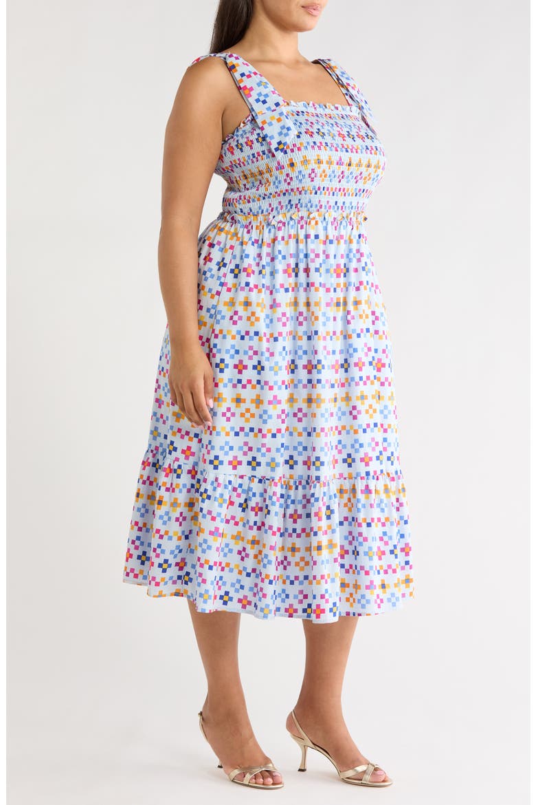 Kessa Geo Print Smocked Sleeveless Midi Dress, Alternate, color, LIGHT-BLUE-MULTI