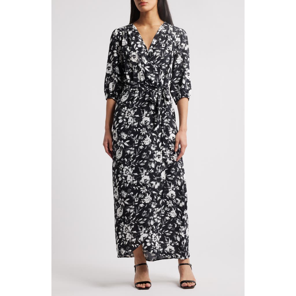 Connected Apparel Puff Sleeve Faux Wrap Maxi Dress In Black