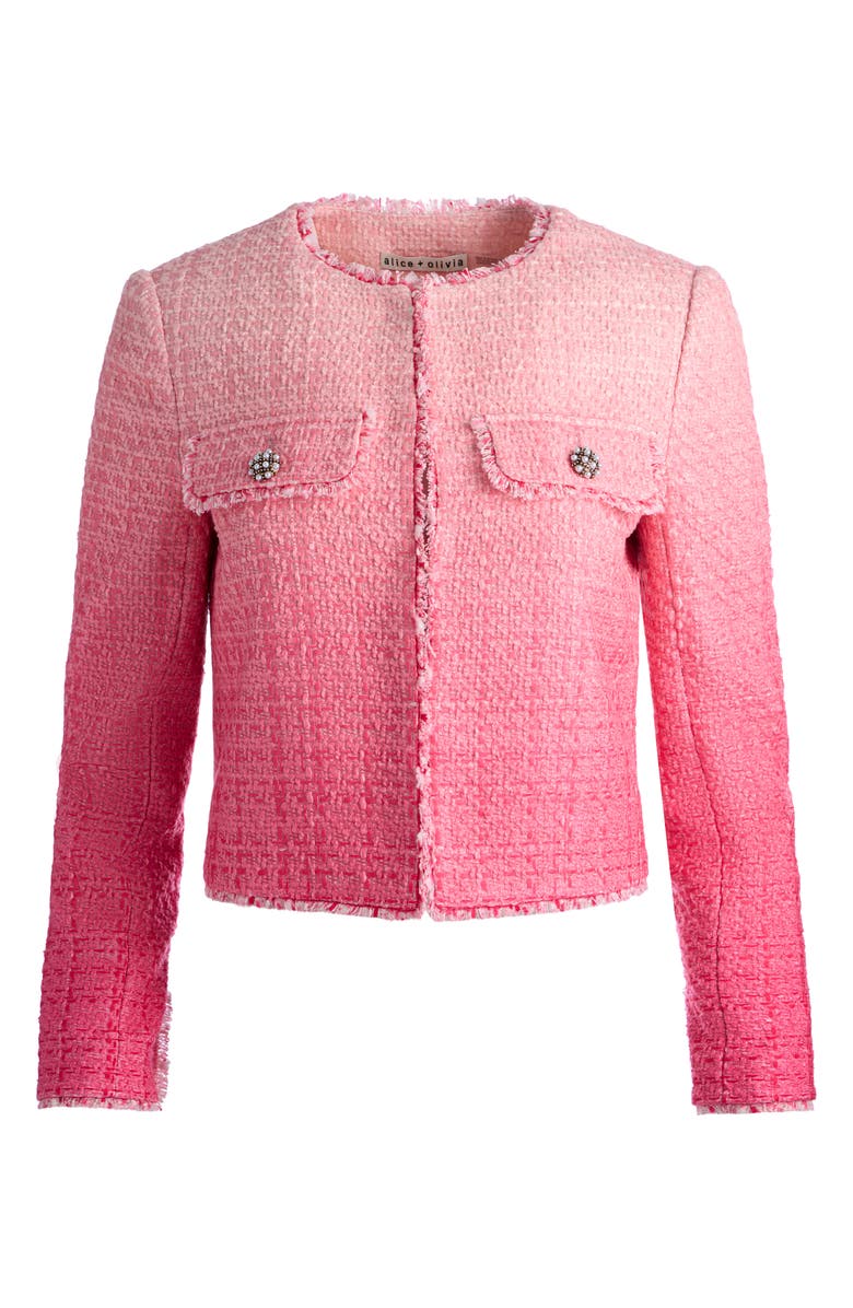 Alice + Olivia Dumont Fringe Trim Ombré Tweed Jacket, Alternate, color, 