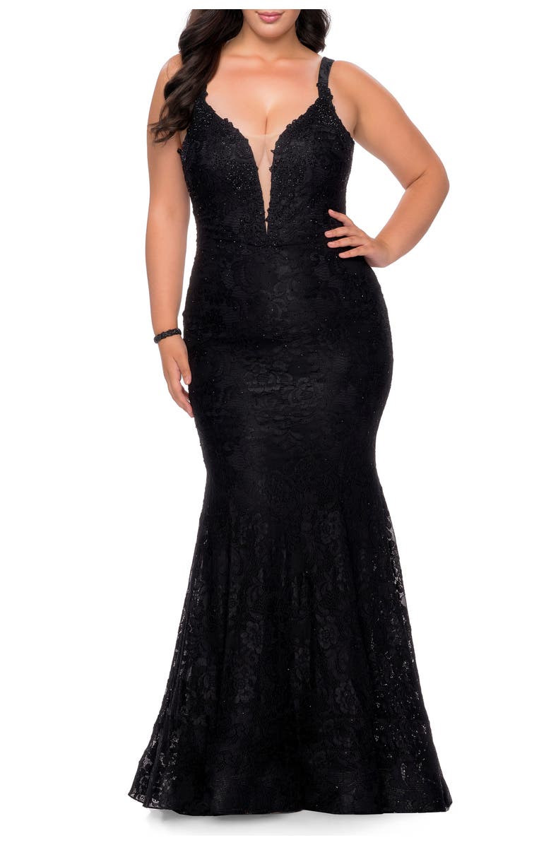 La Femme Plus SIze Dress Lace Fitted Long Gown, Main, color, Black