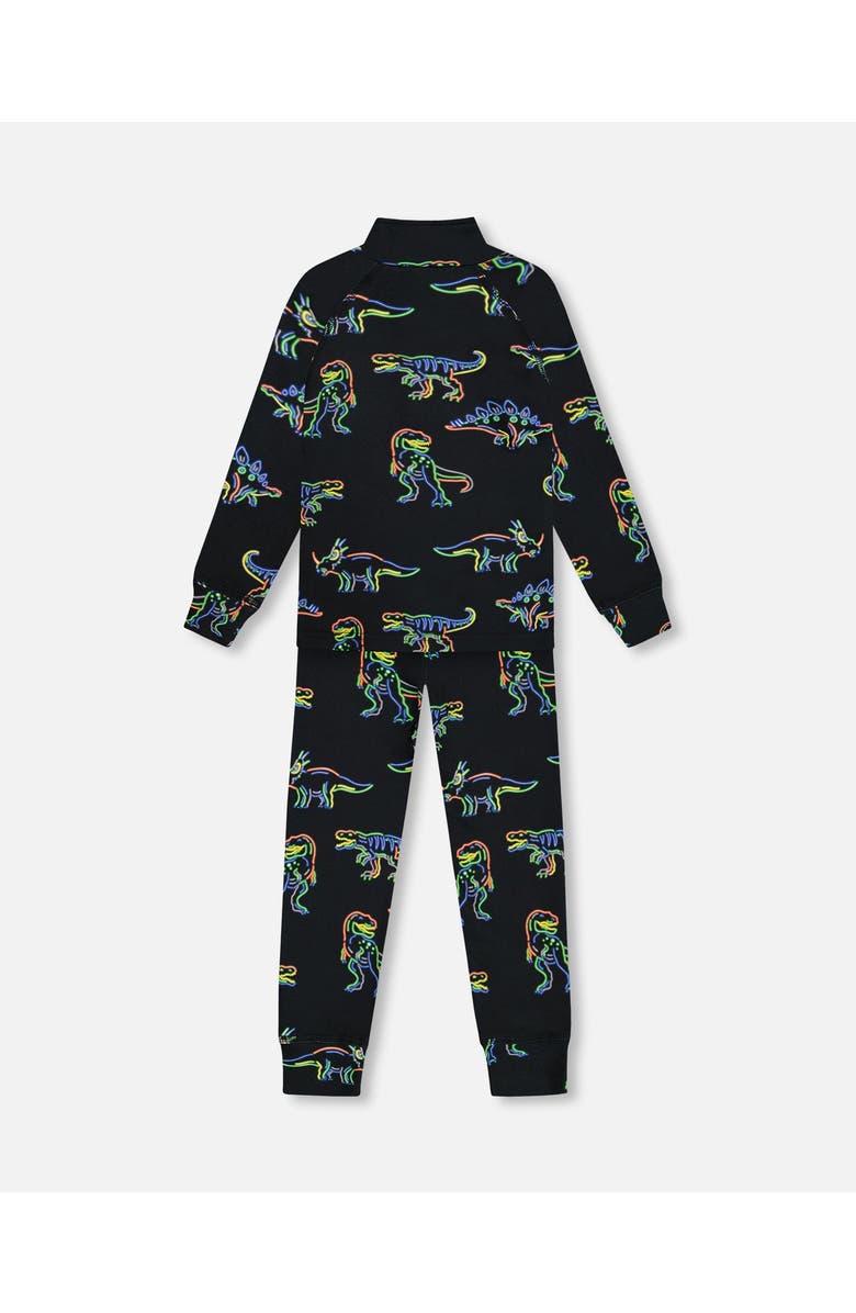 Deux par Deux Boy's Two Piece Thermal Underwear Set Black Printed Neon Dino, Alternate, color, 