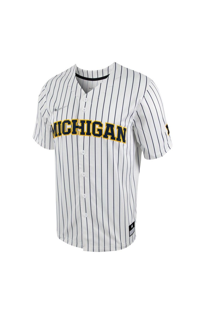 Nike Men's Nike White/Navy Michigan Wolverines Pinstripe Replica Full-Button Baseball Jersey, Alternate, color, White