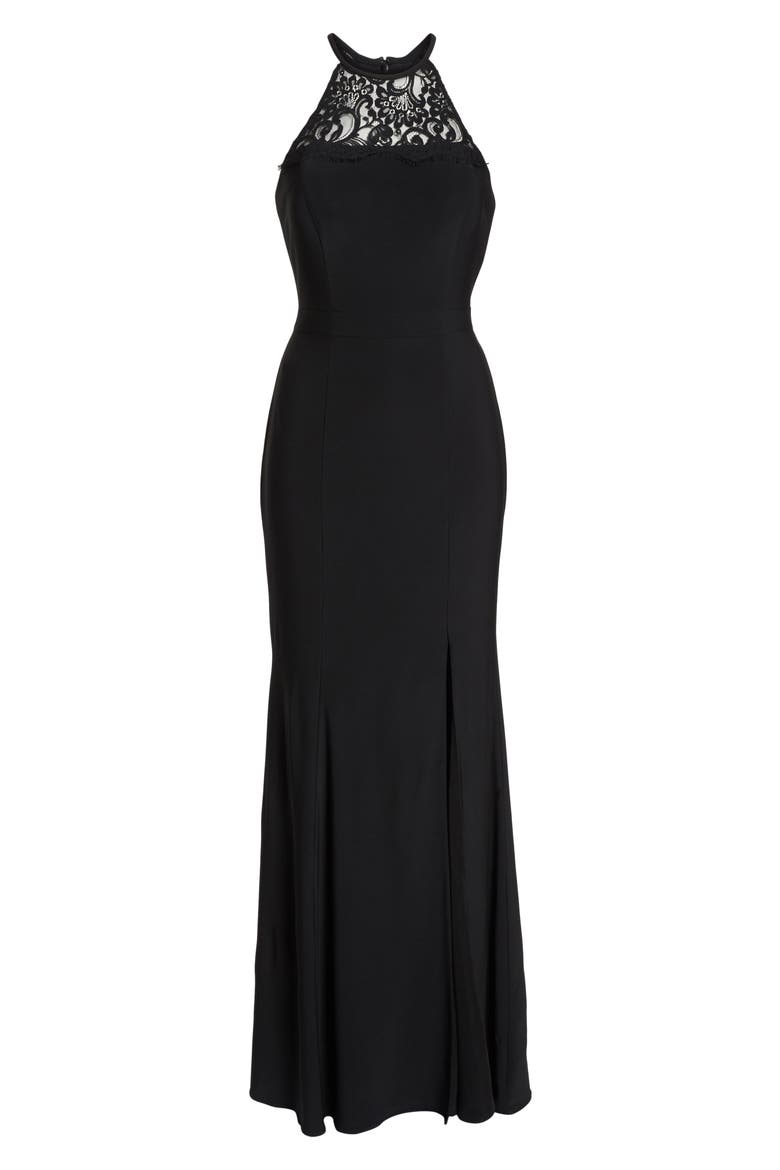 Xscape Lace Neck Halter Gown, Alternate, color, BLACK