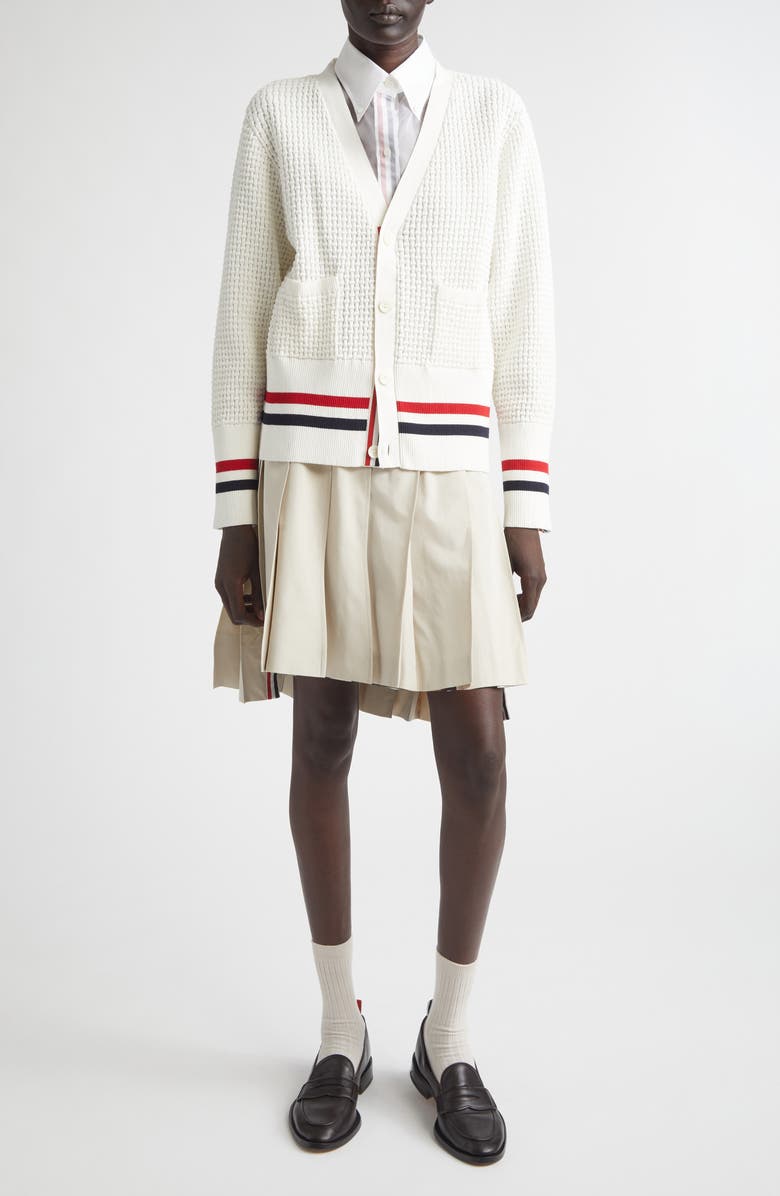 Thom Browne Float Ripple Stitch Cotton Cardigan, Alternate, color, White