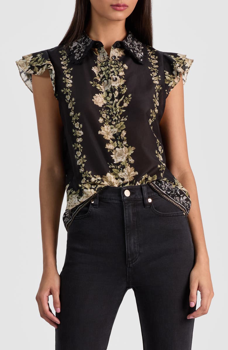 Alice + Olivia Martel Flutter Sleeve Cotton & Silk Button-Up Top, Main, color, Free Falling
