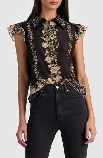 Alice + Olivia Martel Flutter Sleeve Cotton & Silk Button-Up Top