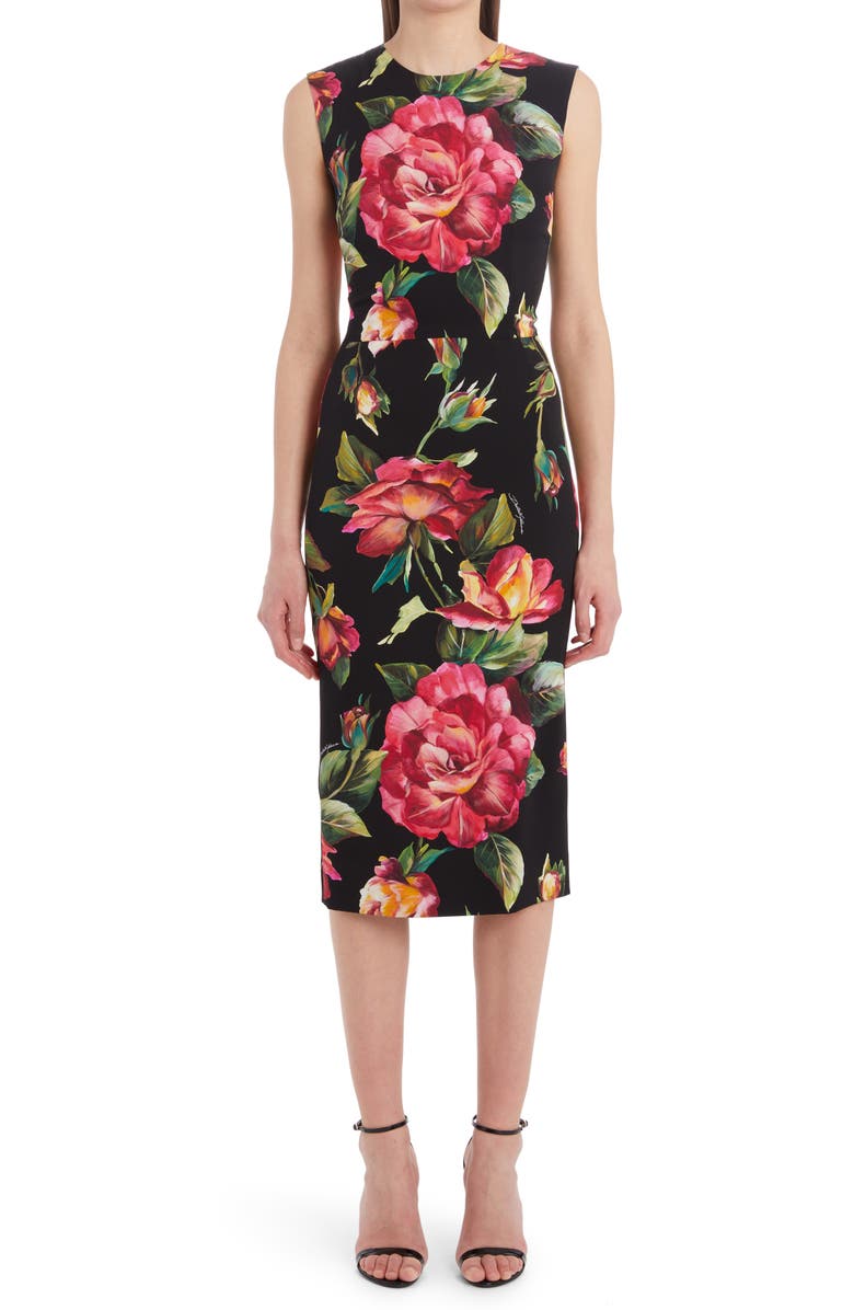 Dolce&Gabbana Rose Print Stretch Silk Sheath Dress, Main, color,