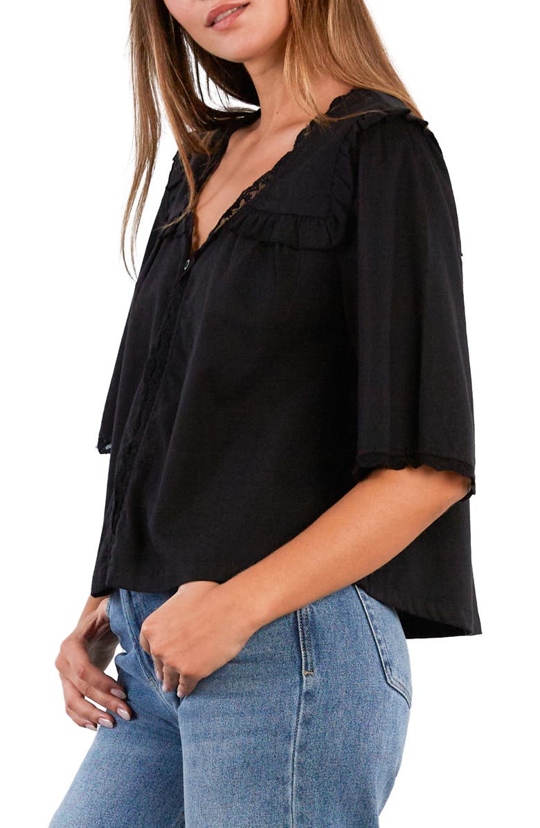 Billy T Juliet Lace & Ruffle Cotton Blend Top, Alternate, color, Black