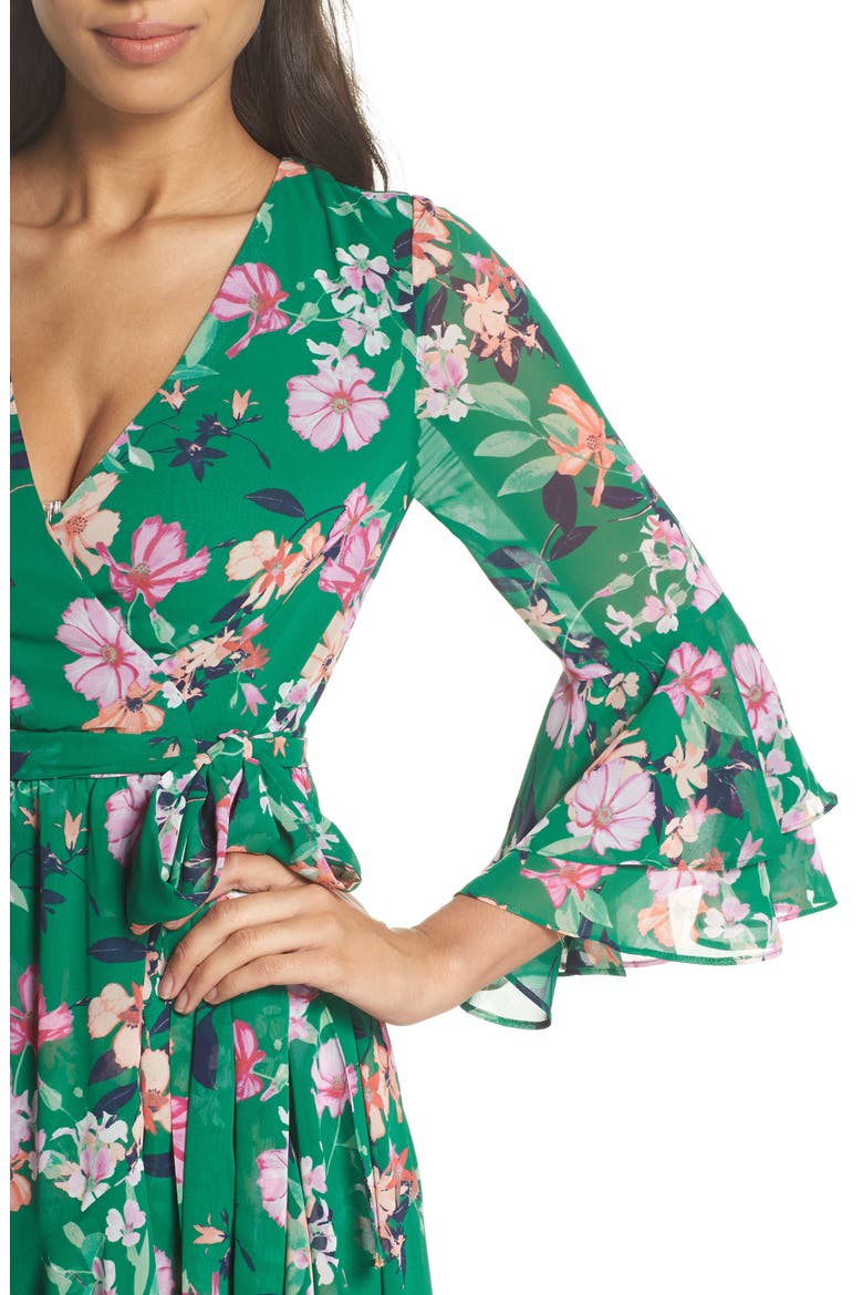 Ruffle Sleeve Floral Faux Wrap Dress, Alternate, color, GREEN