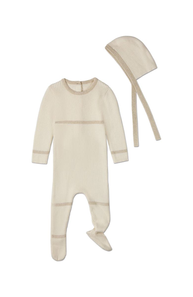 MiniMoi 2 Piece Baby Lurex-Trimmed Ribbed Cotton Footie and Cap Set, Main, color, Winter White
