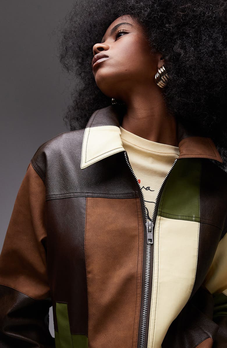 Topshop Colorblock Faux Leather Jacket, Alternate, color, Brown Multi
