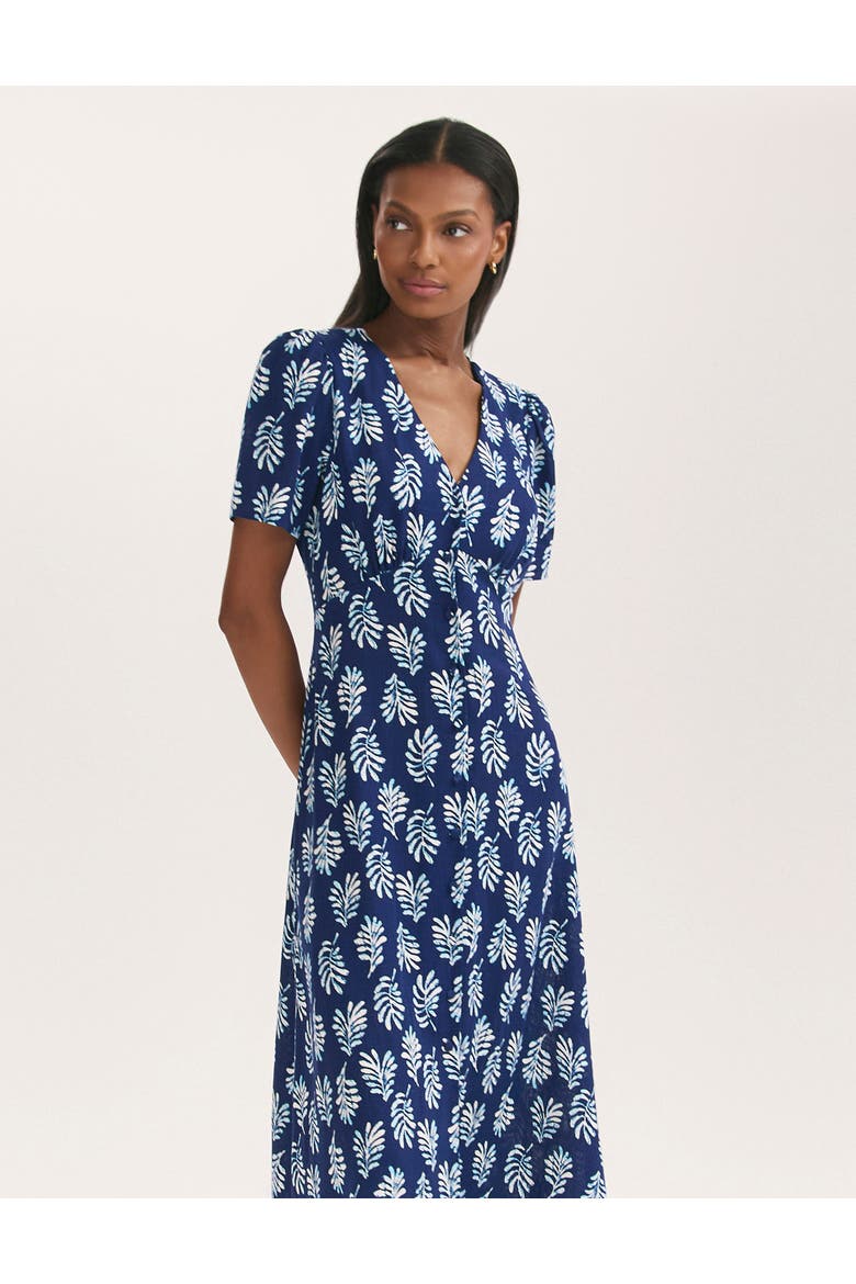 Martina Printed Crepe Midi Dress, Alternate, color, Navy Woodblock