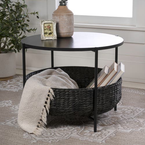 Happimess Carly 24.21" Modern Coastal Round Acacia Wood/water Hyacinth Coffee Table With Storage Bas