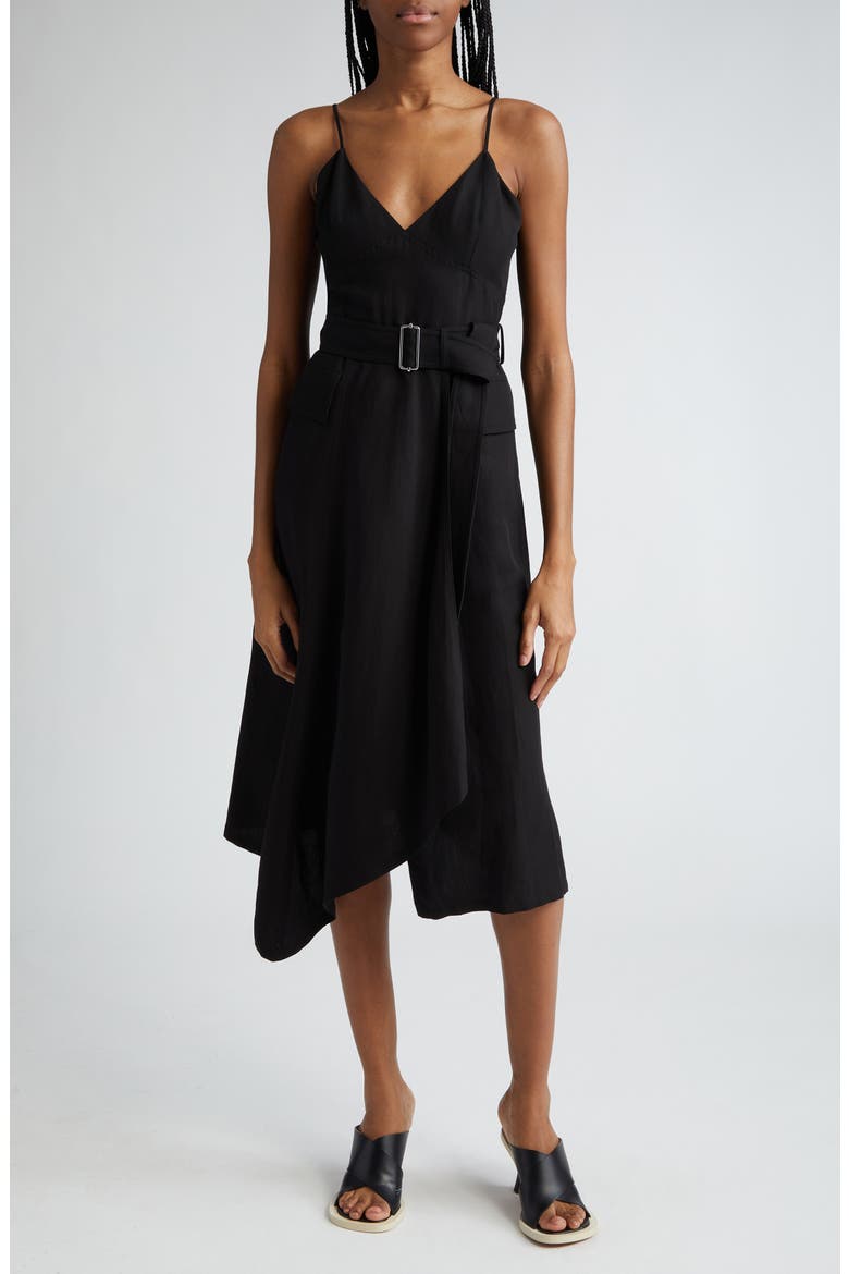 Jacquelyn Belted Asymmetric Dress, Main, color, BLACK