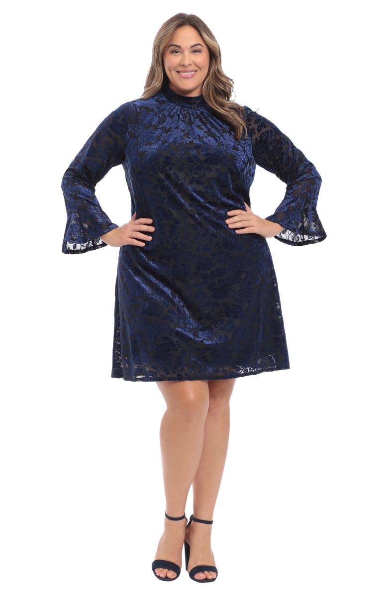 London Times Bell Sleeve Mock Neck Dress, Alternate, color, Black/ Navy