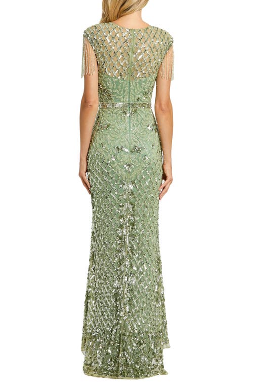 Mac Duggal High Neck Sleeveless Beaded Fringe Fitted Gown In Sage
