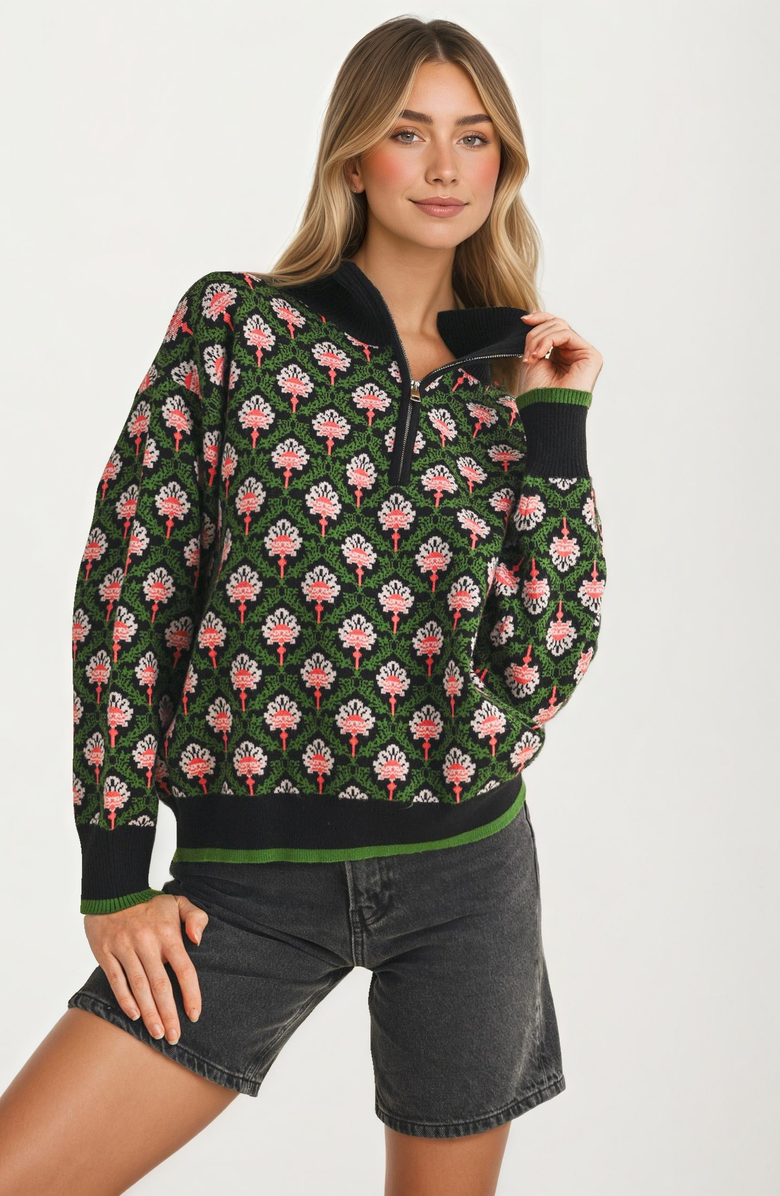 Knit and Lounge Floral Jacquard Quarter-Zip Sweater with Ribbed Trim, Main, color, 