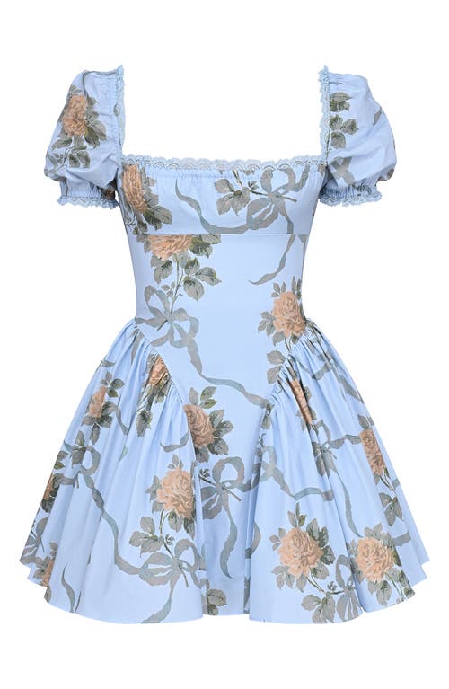 House Of Cb Rosie Puff Sleeve Stretch Cotton Mini Sundress In Yellow Rose Blue