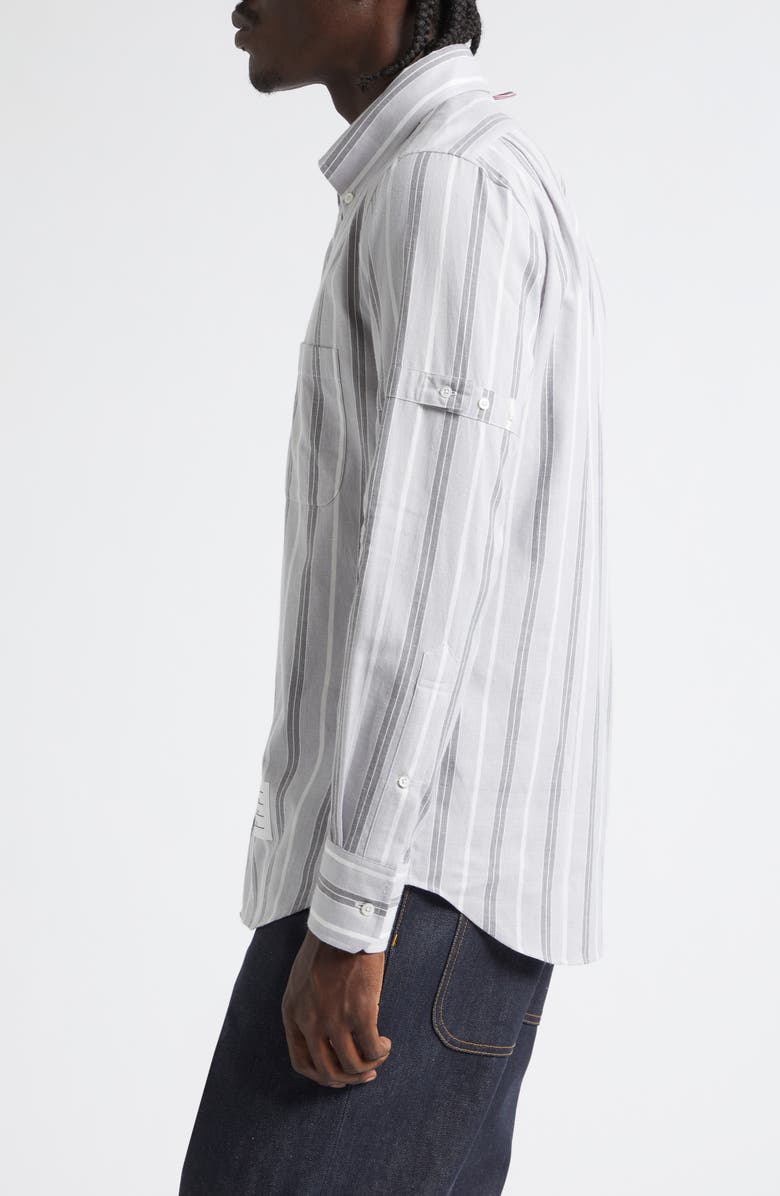 Thom Browne Straight Fit Stripe Cotton Button-Down Shirt, Alternate, color, Medium Grey
