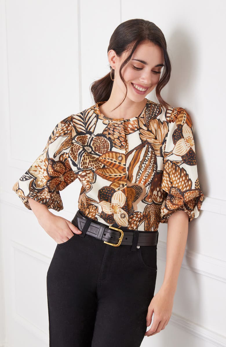 Karen Kane Floral Puff Sleeve Cotton Poplin Button-Up Shirt, Alternate, color, 