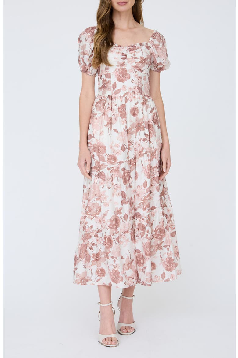 Floral Puff Sleeve Tiered Fit & Flare Midi Dress, Main, color, MAUVE