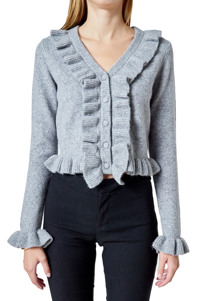 Ruffle Crop Cardigan, Alternate, color, GREY