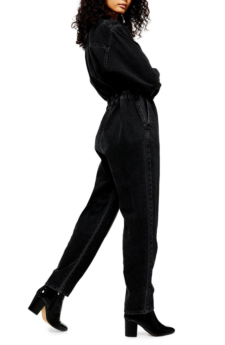 Topshop Cinched Denim Jumpsuit, Alternate, color,