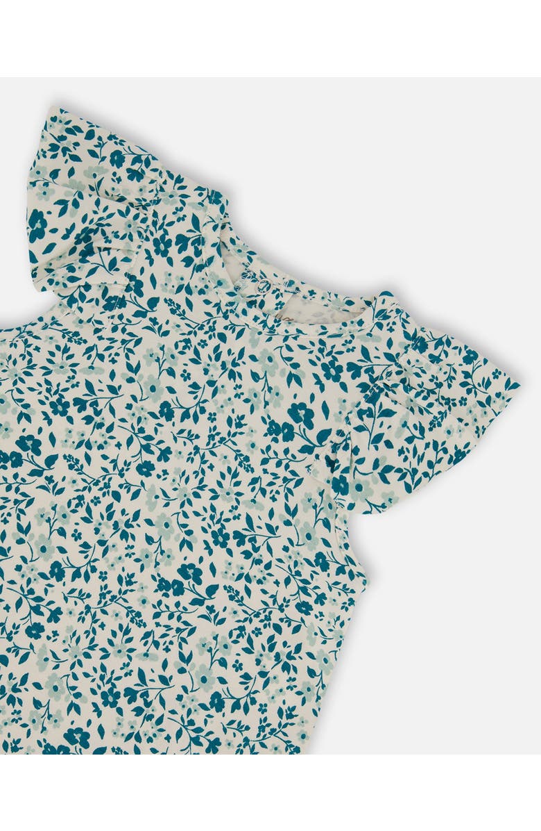 Deux par Deux Baby Girl's Printed Organic Cotton Romper With Frills Small Turquoise Flowers, Alternate, color,