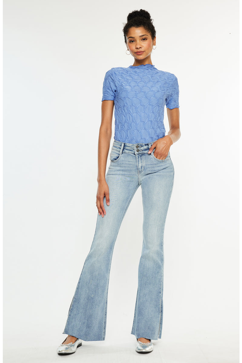 Selena Double Waist Band Flare Jeans, Alternate, color, Medium Wash