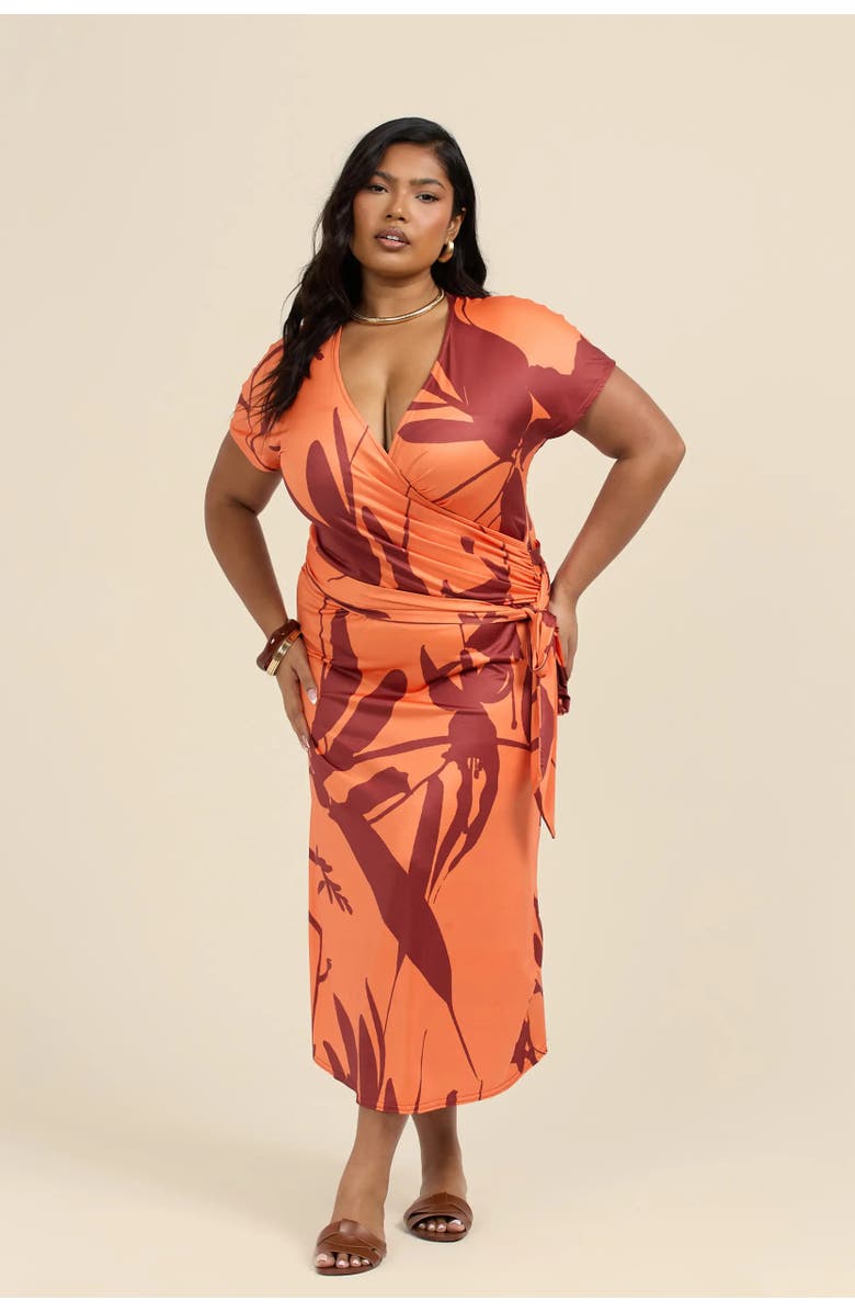 FASHION-SZN CURVE Plus Size Floral Wrap Jersey Midi Dress, Alternate, color, Orange