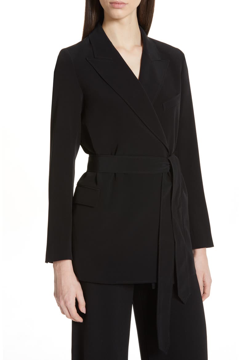 Tie Waist Stretch Crepe Blazer, Alternate, color, BLACK