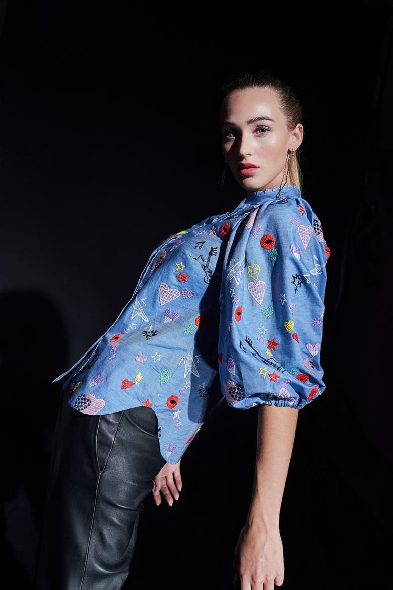 Embroidered Blouse With Ballon Sleeves, Alternate, color, Jeansblue