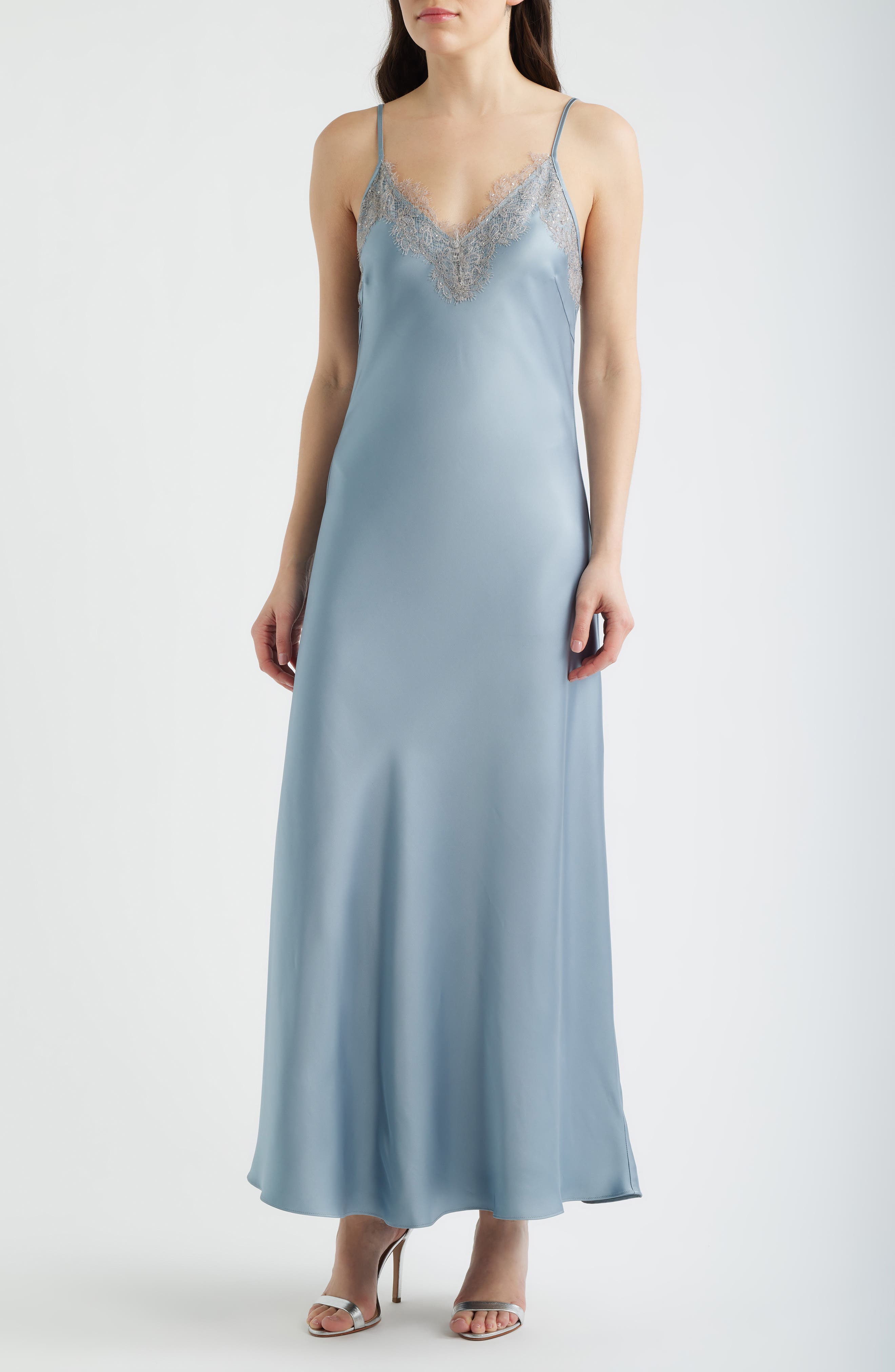 Cassias Lace Detail Sleeveless Satin Gown