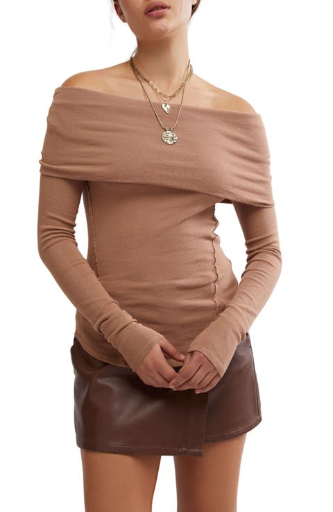 Iris Off the Shoulder Long Sleeve Cotton Blend Knit Top