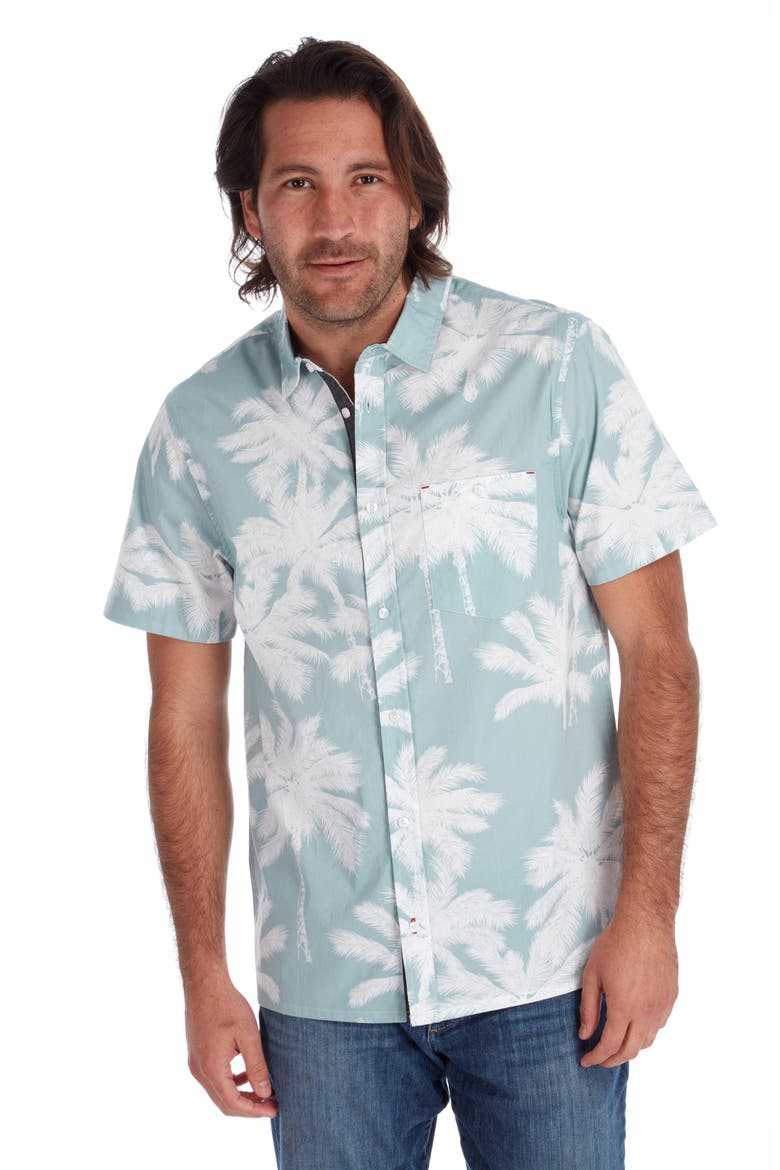 Palm Print Short Sleeve Button-Up Peached Cotton Poplin Shirt, Alternate, color, SEAFOAM