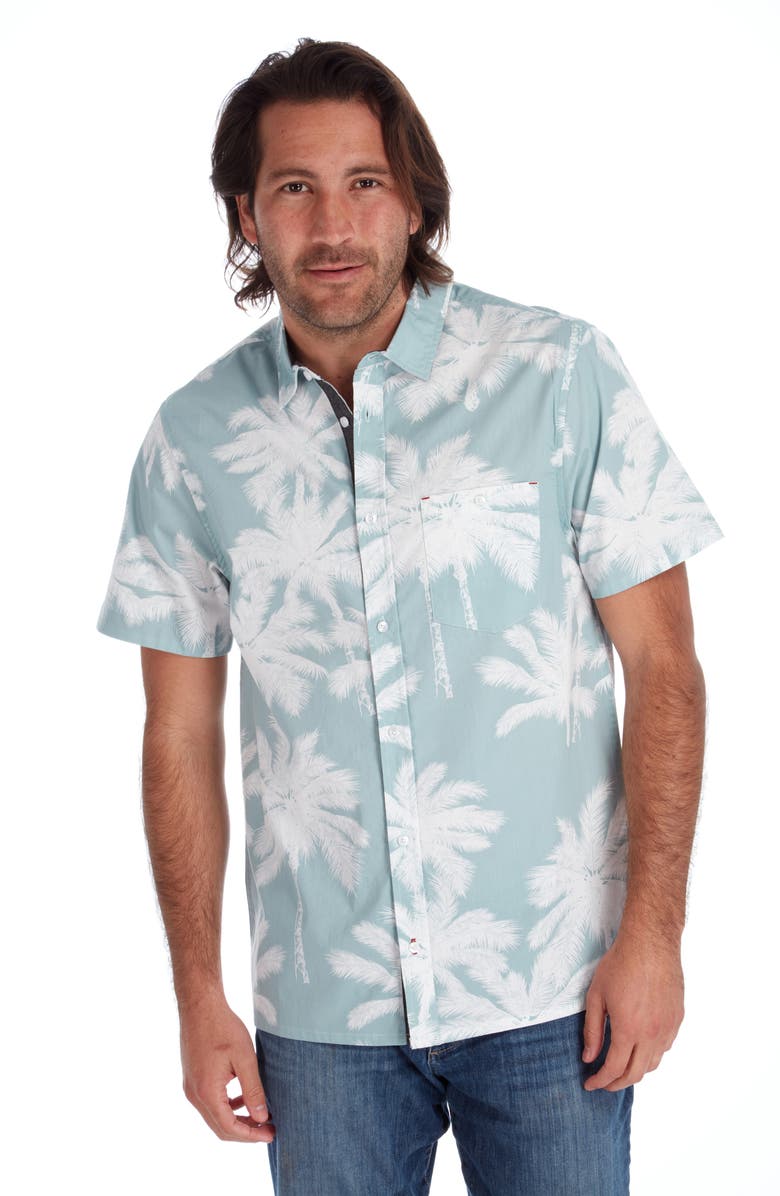 PX Palm Print Short Sleeve Button-Up Peached Cotton Poplin Shirt, Alternate, color, Seafoam